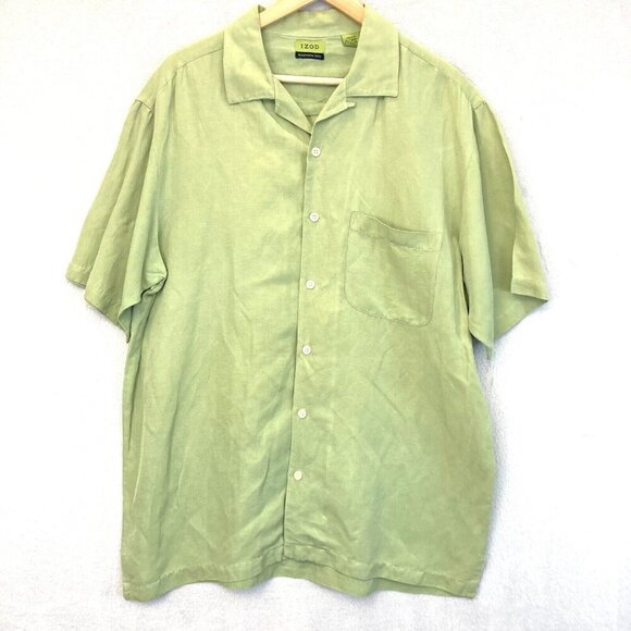 IZOD Button Up Washable Silk Linen Blend Shirt Mens Large L Green Short Sleeve - Picture 1 of 14